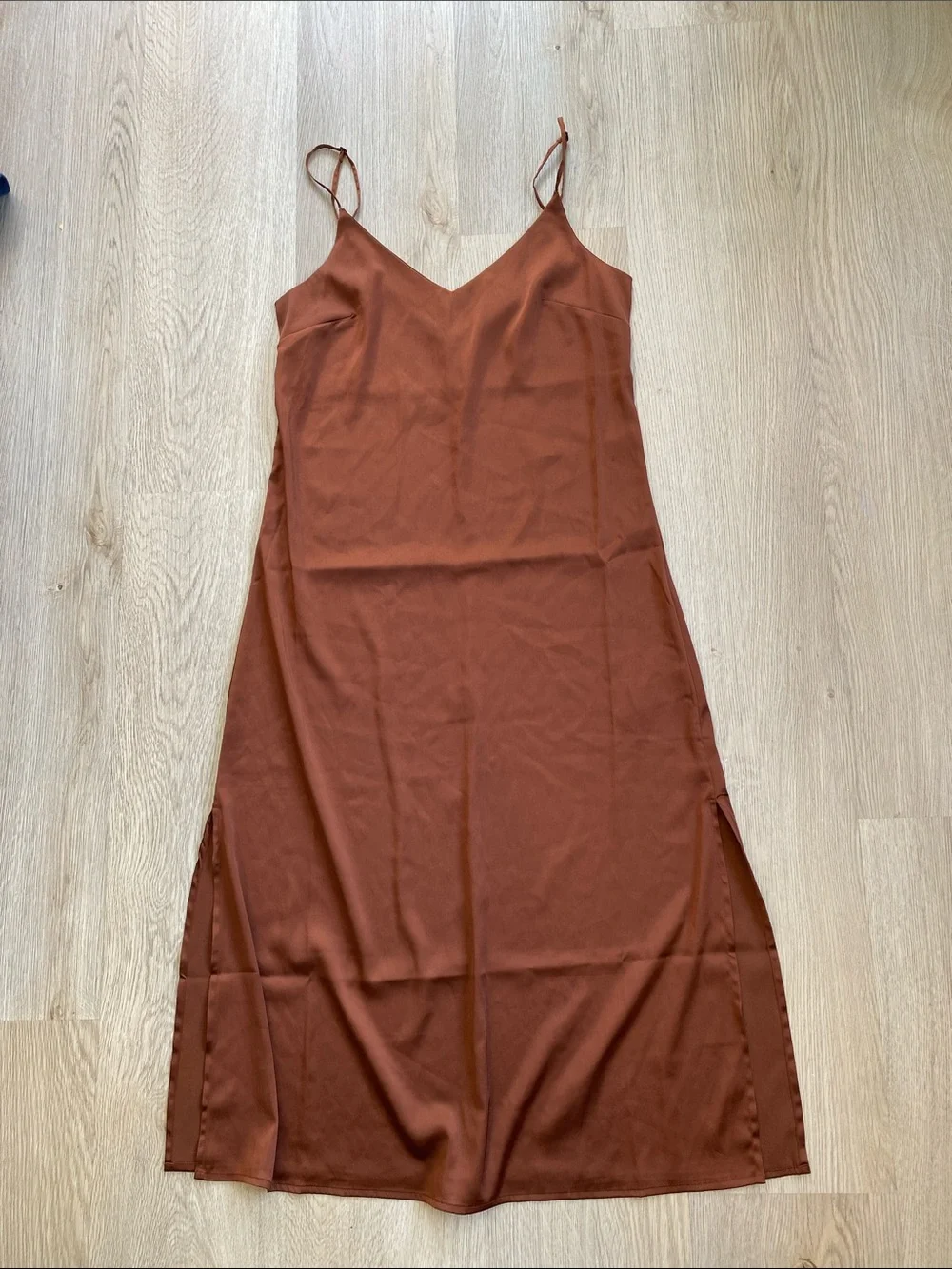 The Drop Rust Brown Satin Slip Dress Minimalist Midi Dress Cami Dress - Picture 2 of 10